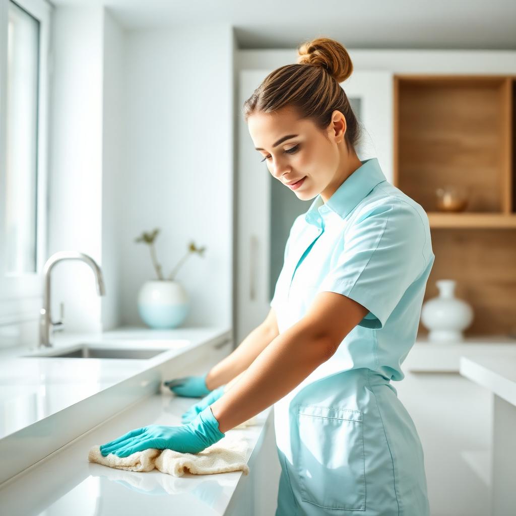 Professional cleaner working in a bright, modern space